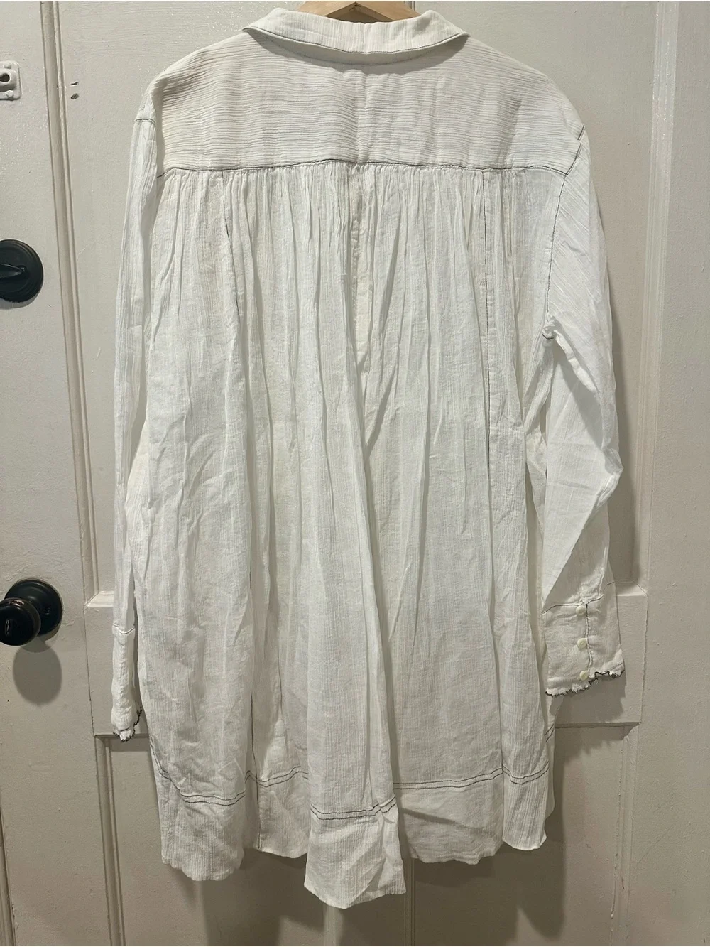 Free People White Ivory Tuxedo Ruffle-Front Shirt Dress Boho Chic Women’s L
